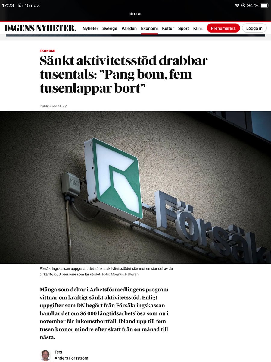 Ca 116 000 personer får sänkt aktivitetsstöd nu, tack vare att Tidö gjort politik av S A-kassautredning, dikterad av C under Januariavtalet. 
5000 kr mindre per månad! 
Hur ska det få ingång konsumtionen som saknas för att få igång svensk tillväxt?