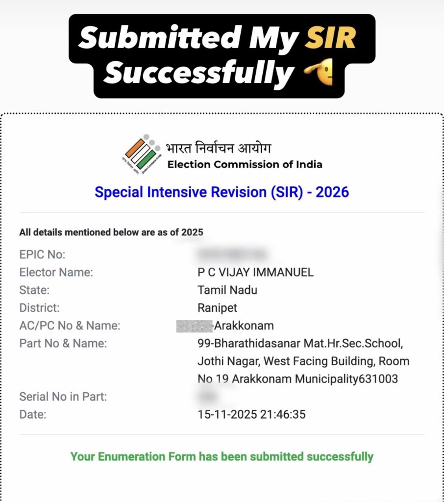 VijayImmanuel6's tweet image. Submitted My SIR Successfully 🫡 

This Is Really Important And I Want Everyone To Do It As Soon As Possible 🙏🏻

#EnowaytionPlus #EplusSquad #TVK #Voter #Vote #SpecialIntensiveRevision #SIR @TVKVijayHQ @actorvijay