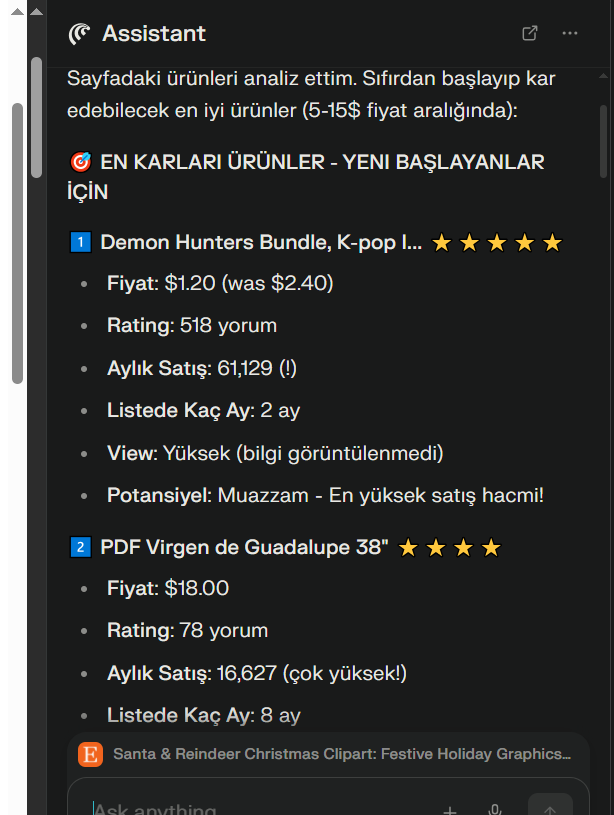 ASAPabdllh's tweet photo. Etsy’de sıfır sermaye ve sıfır bilginiz olsa bile nasıl ürün araştıracağınızı bugün size gösteriyorum.

Başlangıç tamamen ücretsiz.

Ve iddia ediyorum: en basit, en anlaşılır şekilde anlatacağım.

Gelelim ihtiyacımız olan araçlara:

Önce Comet tarayıcısını indiriyoruz.
(İndirme linkleri tweetin yorum kısmında olacak.)

Peki Comet ne işe yarıyor?

Comet, yapay zekâ tabanlı bir tarayıcı ve hangi sayfayı açarsanız açın, o sayfadaki ürünleri anında analiz ediyor.

Etsy’ye girin, sağ üstten ASISTAN özelliğini aktif edin.
ChatGPT gibi bir sohbet ekranı açılacak ve istediğiniz soruyu buradan sorabilirsiniz.

Ama burada bir araç daha gerekiyor.

Tabii ki her zaman anlattığım Everbee eklentisi.
Comet’e tıpkı Google’a eklenti yükler gibi ekliyoruz.

Neden?
Çünkü Everbee’nin tamamen ücretsiz versiyonunda bile ürünün görüntülenme sayısını, liste yaşını ve tag’lerini görebiliyoruz.

Bu kez tek tek bakmayacağız. Sayfayı Comet’e analiz ettireceğiz.

Mesela ben şöyle sordum:

“Bu sayfadaki tüm ürünleri inceleyebilir misin?
Sıfırdan başlasam kâr edebileceğim ürünleri çıkarır mısın?
Kaç aydır listede, view sayıları ne durumda bakar mısın?”

Tarattığım sayfa: Art & Collectibles altındaki dijital ür��nlerdi.

Comet tüm sayfayı taradı.

Tararken Everbee eklentisi sayesinde ürün performanslarını da birlikte değerlendirdi.

Sonrasında ise bana, o sayfadaki en iyi performansa sahip ürünleri tek tek analiz edip sonuçlarını verdi.

Ve şimdi… işte karşınızda o analizlerin çıktıları.

Sonrasında da şöyle dedim:

“Şimdi diğer sekmelere gidip dijital ürünleri incele. Ama telifli olmasın. Analyze Listing sayesinde tag’leri görebiliyorsun; o tag’leri çıkar ve volumelerini incele, detaylı araştırmasını yap.”

Burada telifli ürünleri analiz ederken biraz zorlandı ama benim için asıl önemli olan, Everbee’nin Analyze Listing butonunu bulup tag’leri inceleyebilmesiydi.

Bu sayede hangi tag’ler iyi, hangileri kötü, bunları analiz etmemiz çok daha kolaylaştı.

Bu anlattıklarım işin temeli.

İsterseniz her adımı çok daha detaylı hale getirebilir, farklı kategorileri tek tek tarayabilir, tag performanslarını karşılaştırarak kendi ürün stratejinizi oluşturabilirsiniz.

Bundan sonrası art��k sizin araştırmanıza ve merakınıza kalıyor.

Umarım yazı gerçekten işinize yaramıştır.
Şimdiden herkese başarılar ve bol satışlar diliyorum.