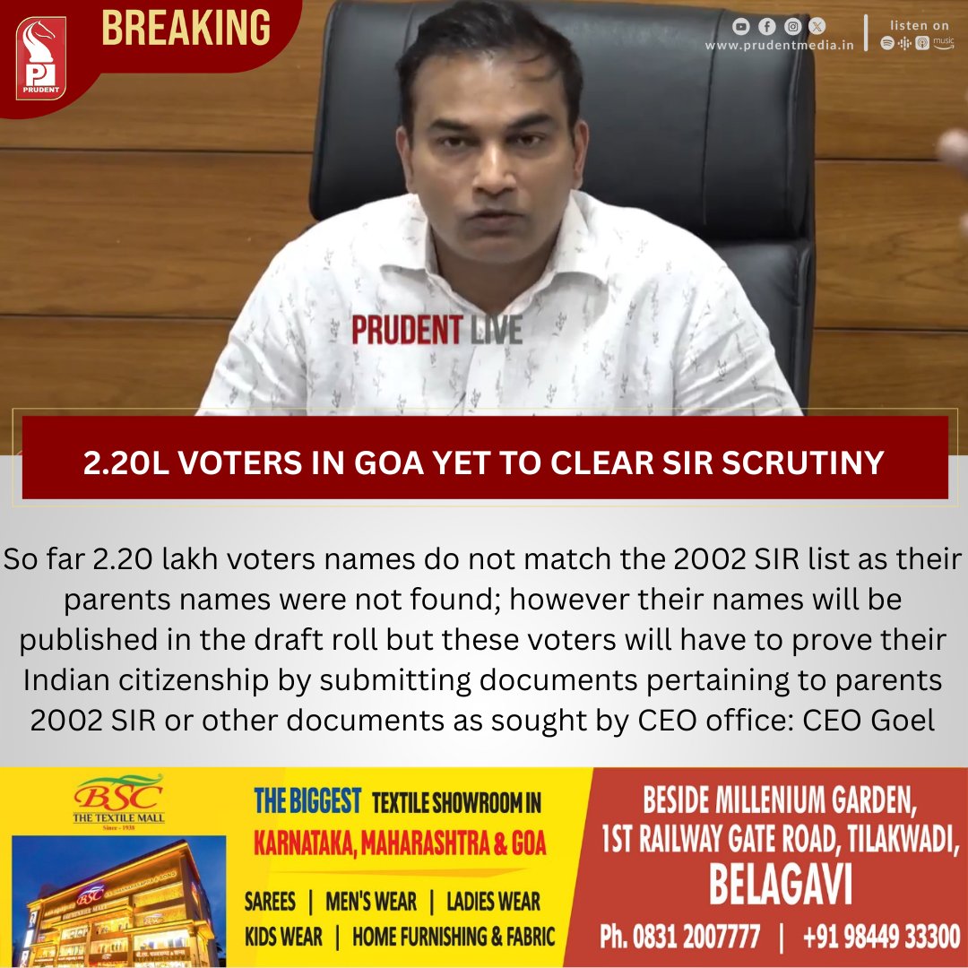 prudentgoa's tweet image. 2.20L Voters In Goa Yet To Clear SIR Scrutiny

#GoaNews #ElectoralRoll #CitizenshipProof #VoterVerification #SIR #CEOOffice #GoaUpdates #VoterListUpdate