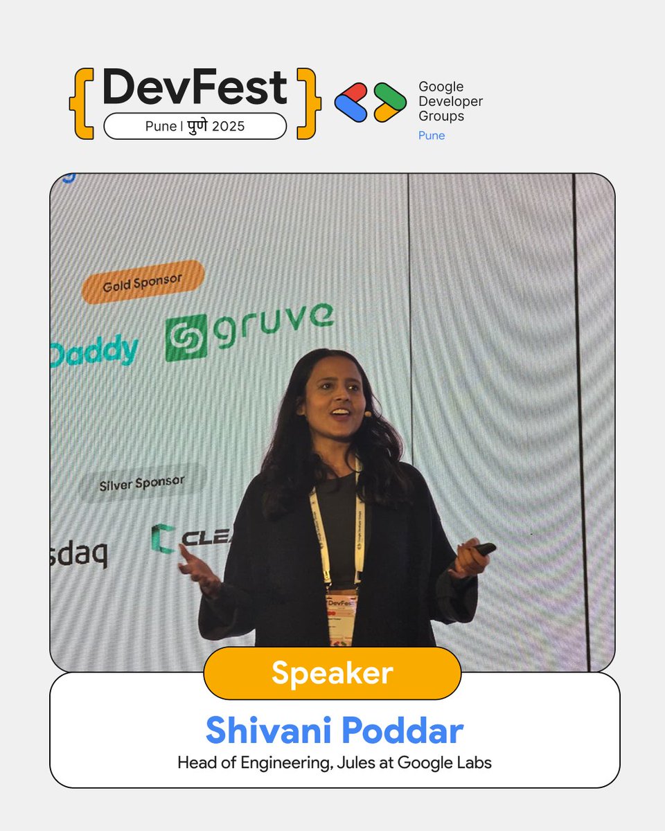 GDGPune's tweet image. What an inspiring start to DevFest Pune 2025! ✨
A huge thank you to Shivani Poddar, Head of Engineering, Jules, Google Labs, for delivering a powerhouse keynote on “The 10x Software Developer with Jules. ❤️
#DevFestPune2025 #DFP2025 #GDGPune