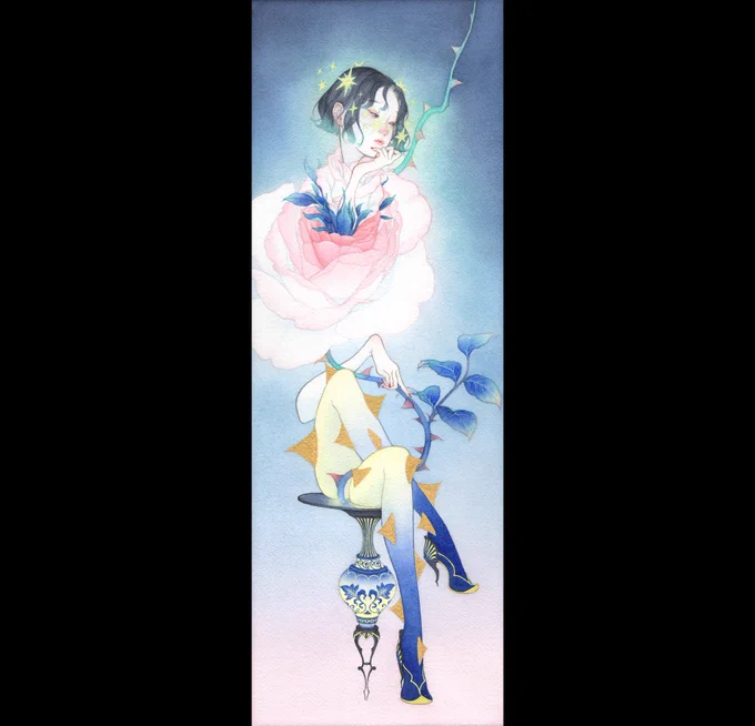 大阪SUNABAギャラリーにて現在参加中のグループ展「冬の華Ⅲ」より。 「夢想する花」 WSM SUNABAさんで今年開催した個展タイトルからイメージして描いた作品 画像ではわかりにくいですが、顔まわりの光は薄くパールホワイトを重ねているので原画はキラキラしてます可愛くてお気に入り