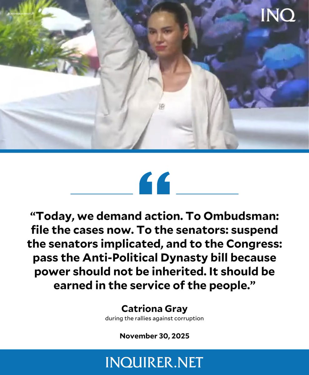 inquirerdotnet's tweet image. ‘WE DEMAND ACTION’

Catriona Gray calls on the country’s leaders to take urgent action against corruption during the November 30 Trillion Peso March at the Edsa People Power Monument, calling for accountability and reforms, reminding Filipinos not to forget, keep their voices…