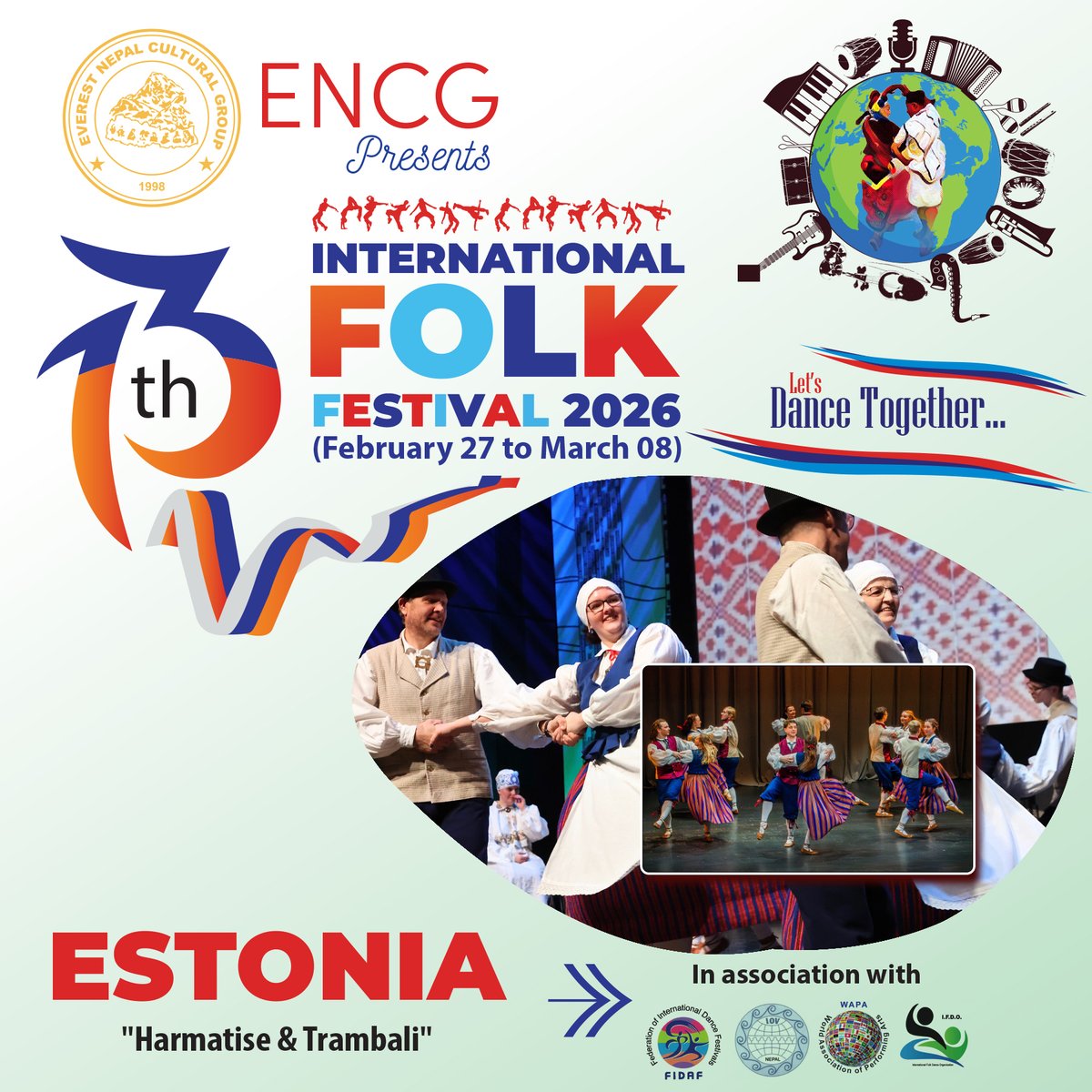 FolkCultural's tweet photo. 📷 Confirmed Group from ESTONIA !
Ensemble: “Harmatise &amp; Trambali"
Let’s Dance Together! 📷📷
📷 13th International Folk Festival 2026 – Nepal
📷 February 27 – March 08, 2026
A grand celebration of global cultures, folk music, and traditional dance in the heart of Nepal! https://t.co/nWF3vLPMm7