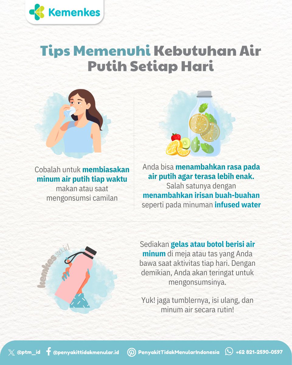 ptm_id's tweet image. Sobat Sehat, yuk penuhi kebutuhan air putih setiap hari!

Biasakan minum rutin, coba infused water, dan bawa tumbler agar tidak lupa hidrasi

#CERDIK #CegahPTM #P2P #DukungGERMAS #CukupiCairanTubuh #MinumAirPutih #HidrasiTubuh #CegahDehidrasi