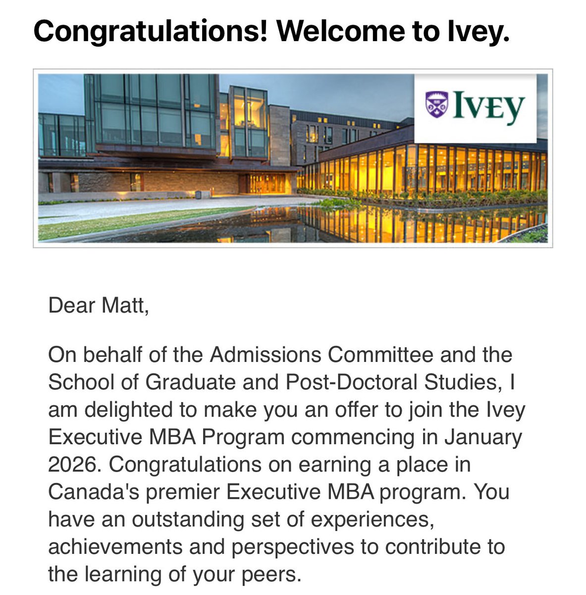 McbeanMm's tweet photo. I’ve been thinking about doing my EMBA for nearly 10 years! Friday I got my offer to join the @iveybusiness EMBA program which is a huge honour! Thanks to everyone whose given me support in taking the step to apply!Super excited for 2026! #EMBA #lifelonglearning https://t.co/xJot8YLyVF
