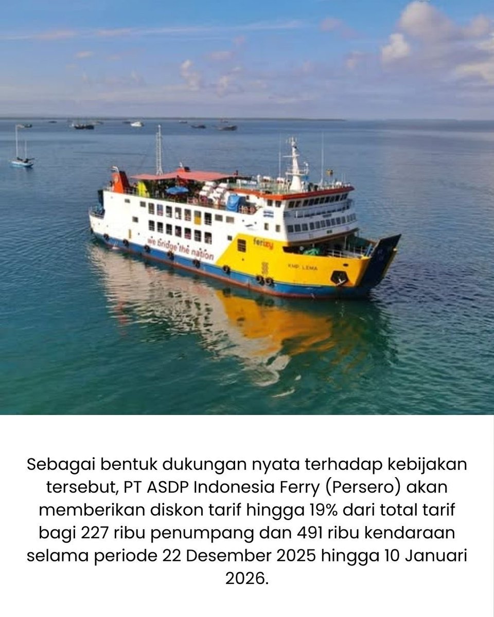 Jebegituloh's tweet image. Potongan tarif ASDP berlaku periode 22 Desember 2025 — 10 Januari 2026, menjangkau ribuan penumpang dan kendaraan. #ASDP #ASDPIndonesiaFerry #ASDP #ASDPIndonesiaFerry #BUMNUntukIndonesia #MenghubungkanIndonesia #BaktiTransportasiUntukNegeri #SetahunBerdampak