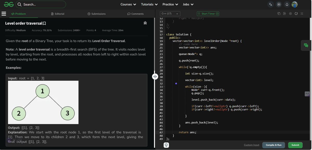 RahulDas242007's tweet image. ✅Revised Level Order Traversal on @geeksforgeeks  🌿
👨‍💻Clean logic, calm mind, steady progress ✨

#DSA #GFG #BinaryTree #CodingJourney #100DaysOfCode