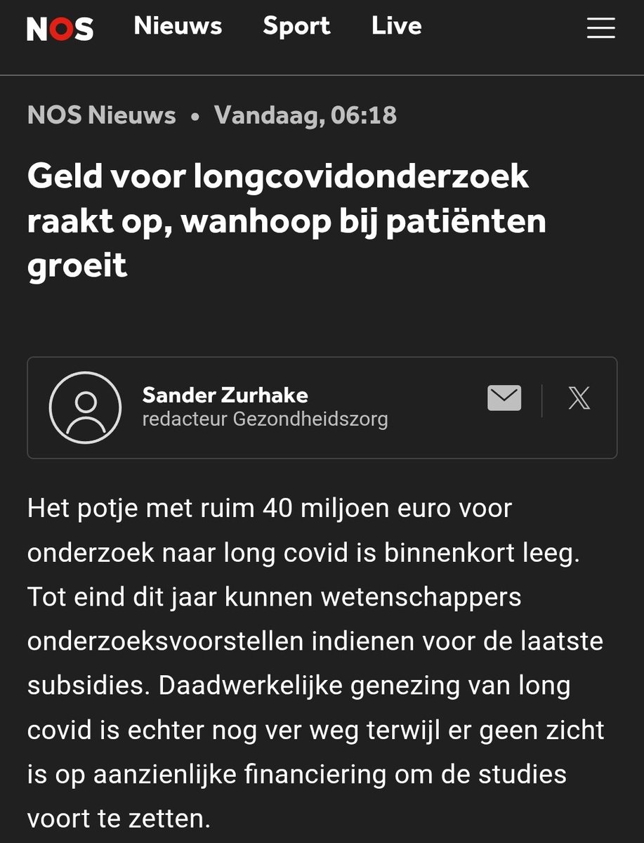 NOS artikel zet helder op een rij waar het politiek aan ontbreekt voor Long Covid:
-geen alomvattende langetermijnstrategie
-per 2026 geen geld voor nieuw onderzoek
-na 2026 geen geld voor poliklinieken
-al 2 jaar geen debat

Daarom vandaag op het malieveld #PAISprotest.

Voeg ik