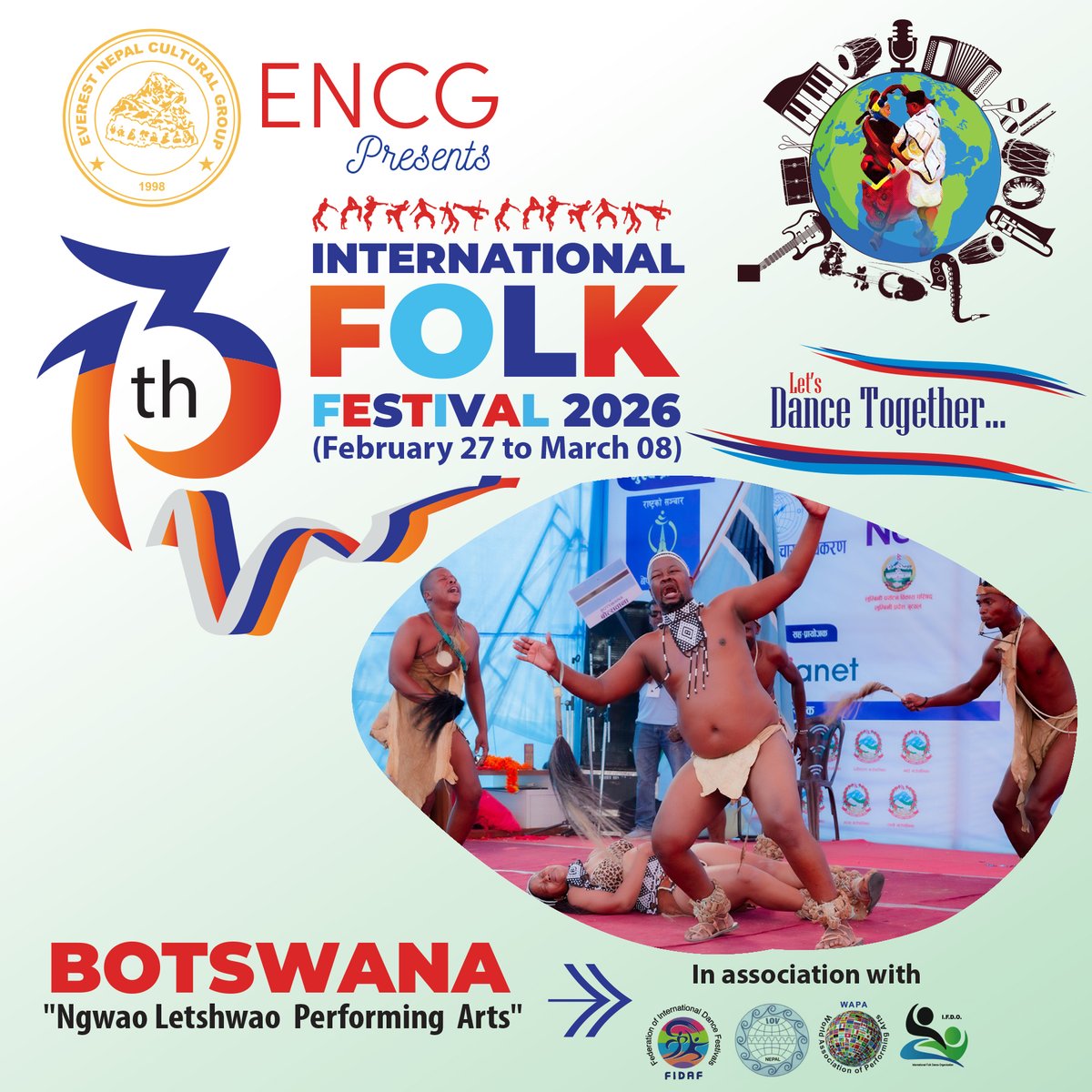 FolkCultural's tweet photo. Confirmed Group from BOTSWANA
Ensemble: “Ngwao Letshwao  Performing  Arts"
Let’s Dance Together! 📷📷
📷 13th International Folk Festival 2026 – Nepal
📷 February 27 – March 08, 2026
A grand celebration of global cultures, folk music, and traditional dance in the heart of Nepal! https://t.co/jBiPD1Xv1W