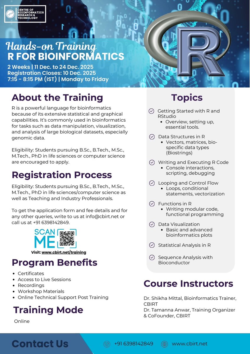 CbirtDirector's tweet image. 🚀 Hands-on Training: R for #Bioinformatics

Learn R for biological data analysis &amp;amp; visualization!

📅 11–24 Dec 2025 | 🕒 7:15–8:15 PM IST | 💻 Online

For Details: 📧 info@cbirt.net | 📞 +91 6398142849 🌐cbirt.net/training

Who’s joining? 🤔

#lifesciences #DataScience