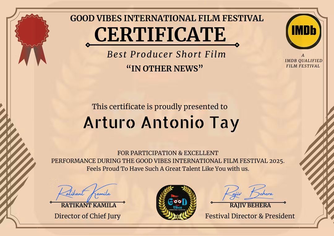 El cortometraje #enotrasnoticias ganá 5 premios en un festival de Chandipur, India 🇮🇳 #GVIFF 
Good Vibes International Film Festival 2025.