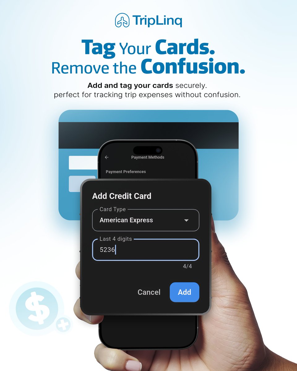 trip_linq's tweet photo. Add and tag your cards easily with TripLinq for cleaner, smarter expense tracking while traveling.
No confusion. No mix-ups. Just smooth, organized trips. 
#TripLinq #TravelApp #SmartTravel #ExpenseTracking https://t.co/NrWS7eLkNd