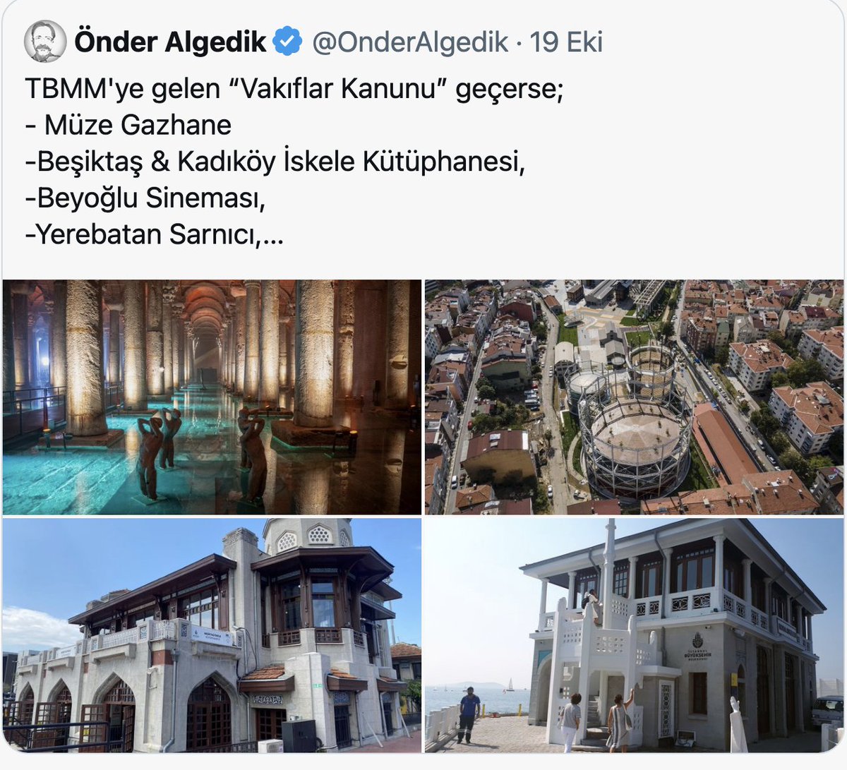 Tam 10 gün oldu, konuşuldu mu?

Mahir Polat; İBB Miras'ı kurdu, tarihi eserleri hayatımıza kattı. Martta gözaltına alındı, şimdi ev hapsinde!

O ev hapsinde iken İBB'nin bu eserlerine çökmenin önünü açan Vakıflar Kanunu Meclise geldi!  İstanbul'un vekilleri bile karşı çıkmadı!