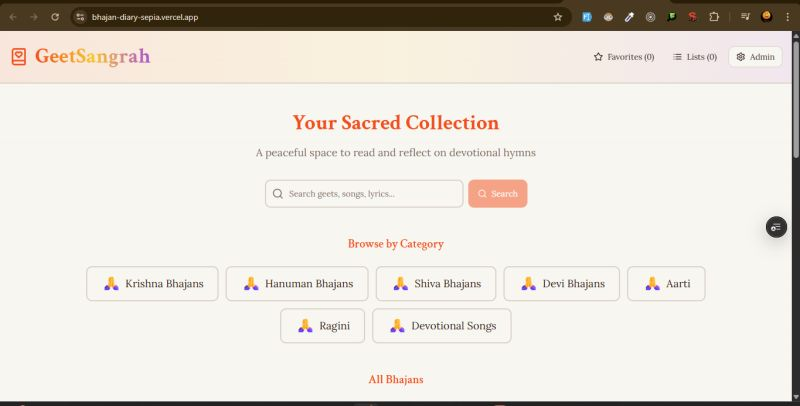 YogeshUpadhay19's tweet photo. 🚀 Built a new mini-project: GeetSangrah
A peaceful place to search &amp; read bhajans, songs, and lyrics — with category filters + internet-powered search.
Live: https://t.co/jYX89B6xvz

Small build, meaningful impact. 🙏✨

#React #Frontend #Vercel #DevProjects #IndianDev https://t.co/AKh6Apkjh7