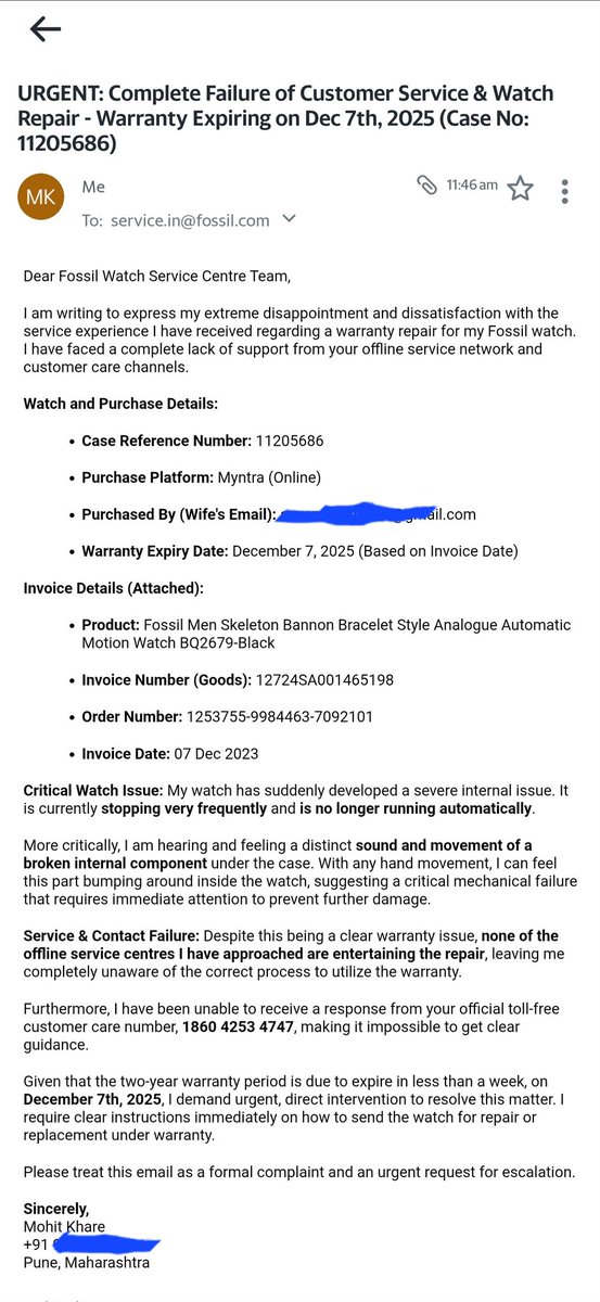 m3khare's tweet image. My #Fossil watch is broken (internal rattling, stopping) &amp;amp; warranty expires Dec 7. Zero support from offline stores or 1860 CC. URGENT help needed! Case 11205686. @Fossil #CustomerService