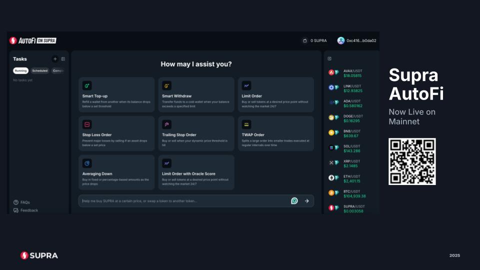 SUPRA_Labs's tweet image. Automated Finance (AutoFi) is live on mainnet.

Smart-triggers, trailing stops, TWAP orders, automated rebalancing –no bots, no waiting, no lag.

If you want true on-chain execution, test AutoFi 👇
autofi.supra.com

#AutoFi #TradingTech #Web3