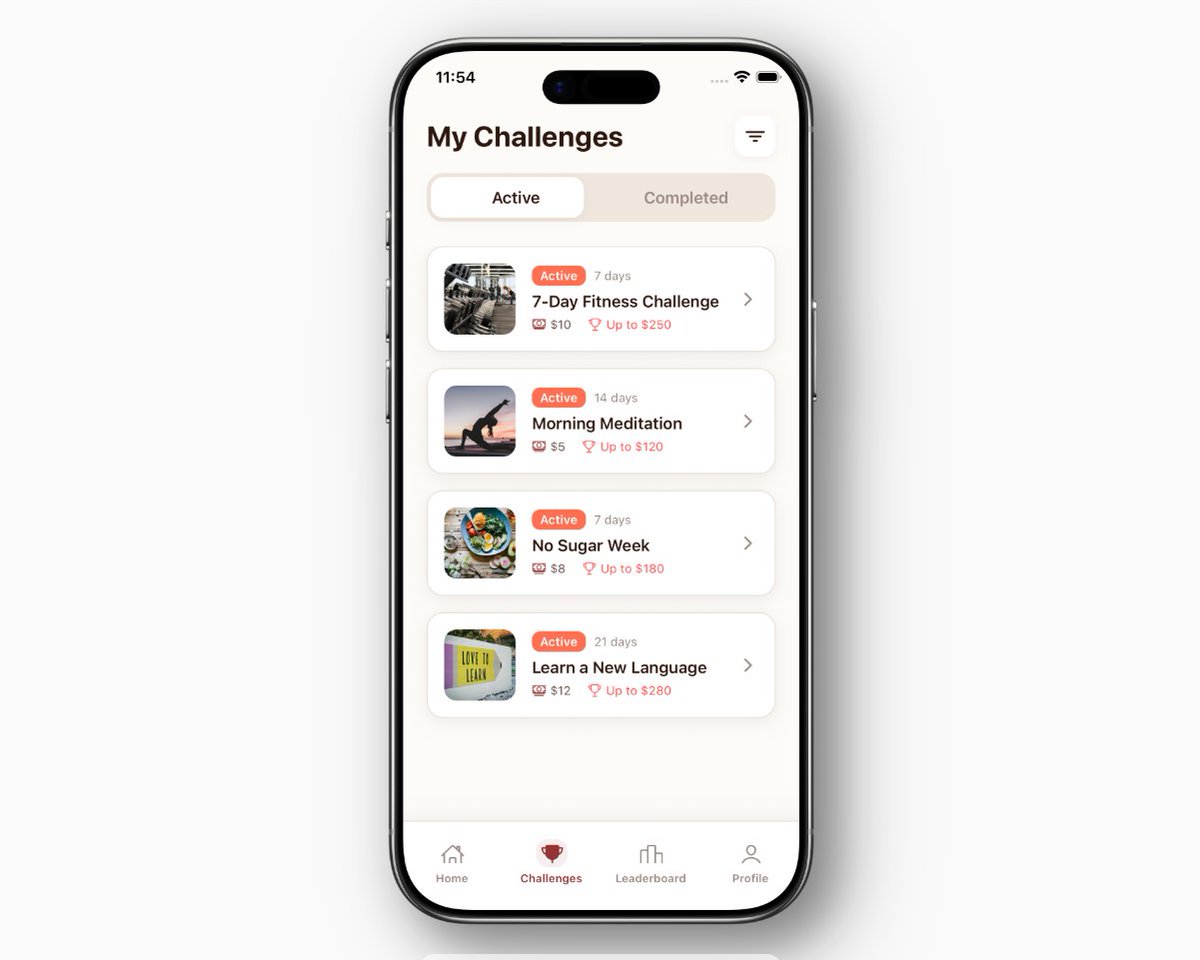 notcodesid's tweet image. day 1 of building PROVEN app

made few screens (everything is running in the mock data)

- home screen
- challenges with active and complete challenges tabs
- leaderboard
- profile screen
