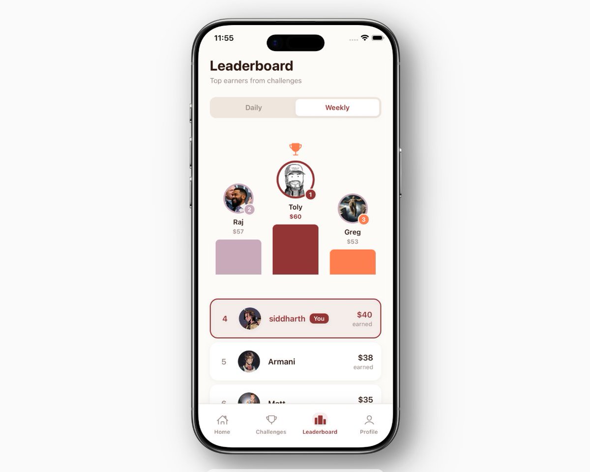 notcodesid's tweet image. day 1 of building PROVEN app

made few screens (everything is running in the mock data)

- home screen
- challenges with active and complete challenges tabs
- leaderboard
- profile screen