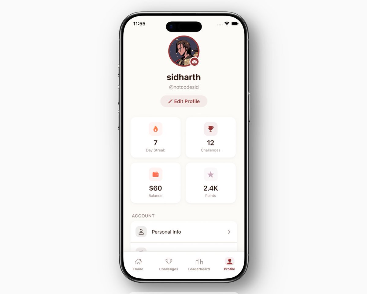 notcodesid's tweet image. day 1 of building PROVEN app

made few screens (everything is running in the mock data)

- home screen
- challenges with active and complete challenges tabs
- leaderboard
- profile screen