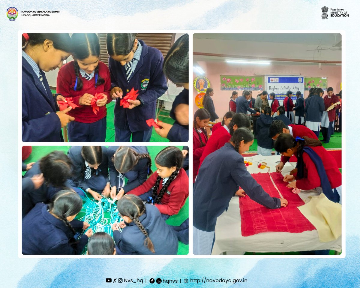 NVS_HQ's tweet photo. Under the Bagless Day initiative, students of PM SHRI JNV Sarol, Chamba (HP) explored Handicraft & Painting activities, nurturing creativity, curiosity and hands-on learning. A meaningful step towards education beyond traditional classrooms.

#JNVActivity #NVS #BaglessDayInJNV #BaglessDays #NEP2020