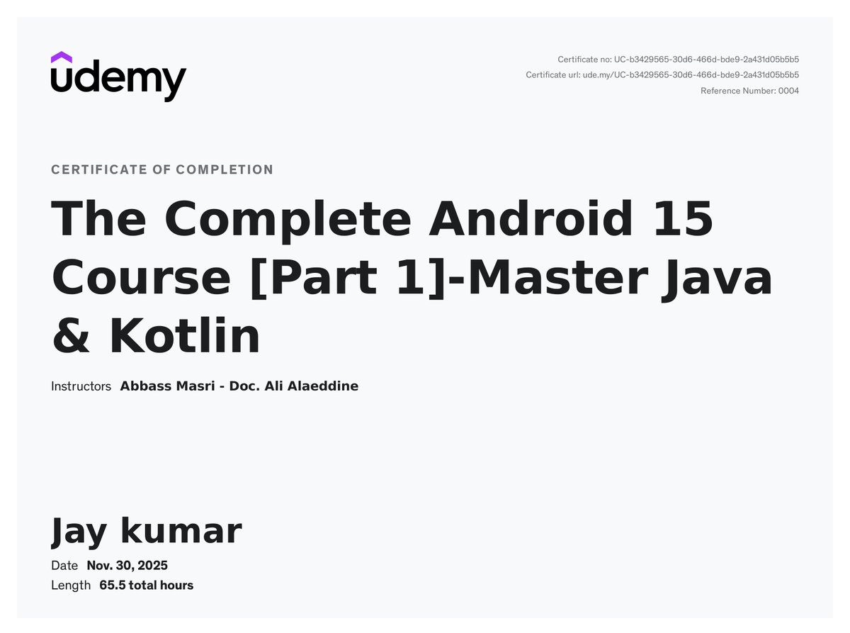 jayKumar1182's tweet image. Just completed “Android 15 – Master Java &amp;amp; Kotlin” on Udemy! 🚀📱
Learned way more than expected:
MVVM, DI + Hilt, LiveData, ViewModel, Retrofit, Room, Coroutines, Firebase Auth/Firestore/Storage &amp;amp; more. 🔥
Next step: build real apps + launch my own projects! 💪
#AndroidDev