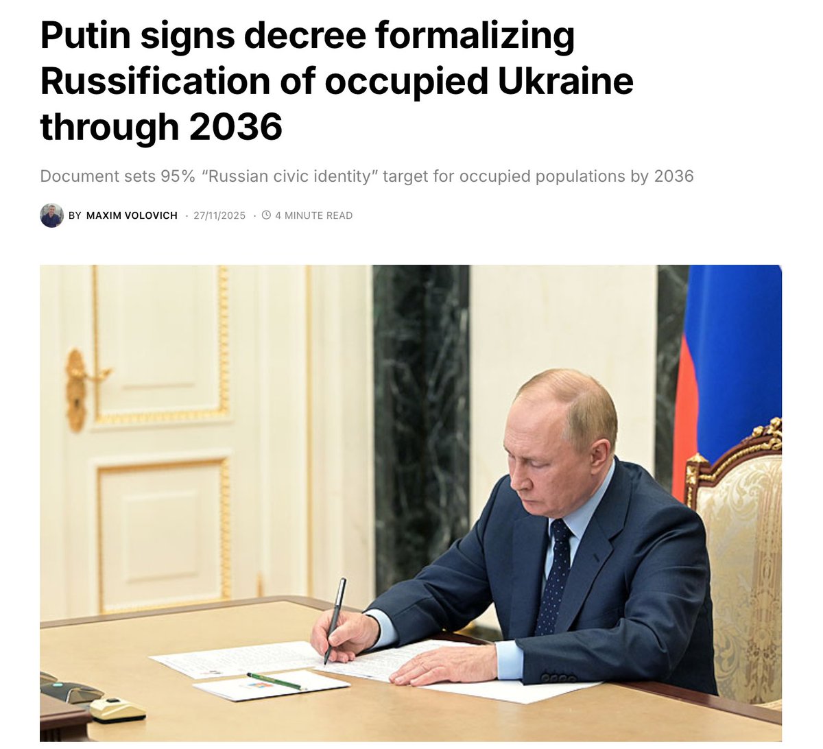 GicAriana's tweet image. 1. This is clear and unambiguous Russian genocide of Ukrainians.
2. ANY negotiated agreement which sees ANY Ukrainian territory remain occupied unambiguously blesses and legalizes Russian genocide of Ukrainians.
3. We have a legal duty to STOP genocide!!

euromaidanpress.com/2025/11/27/rus…