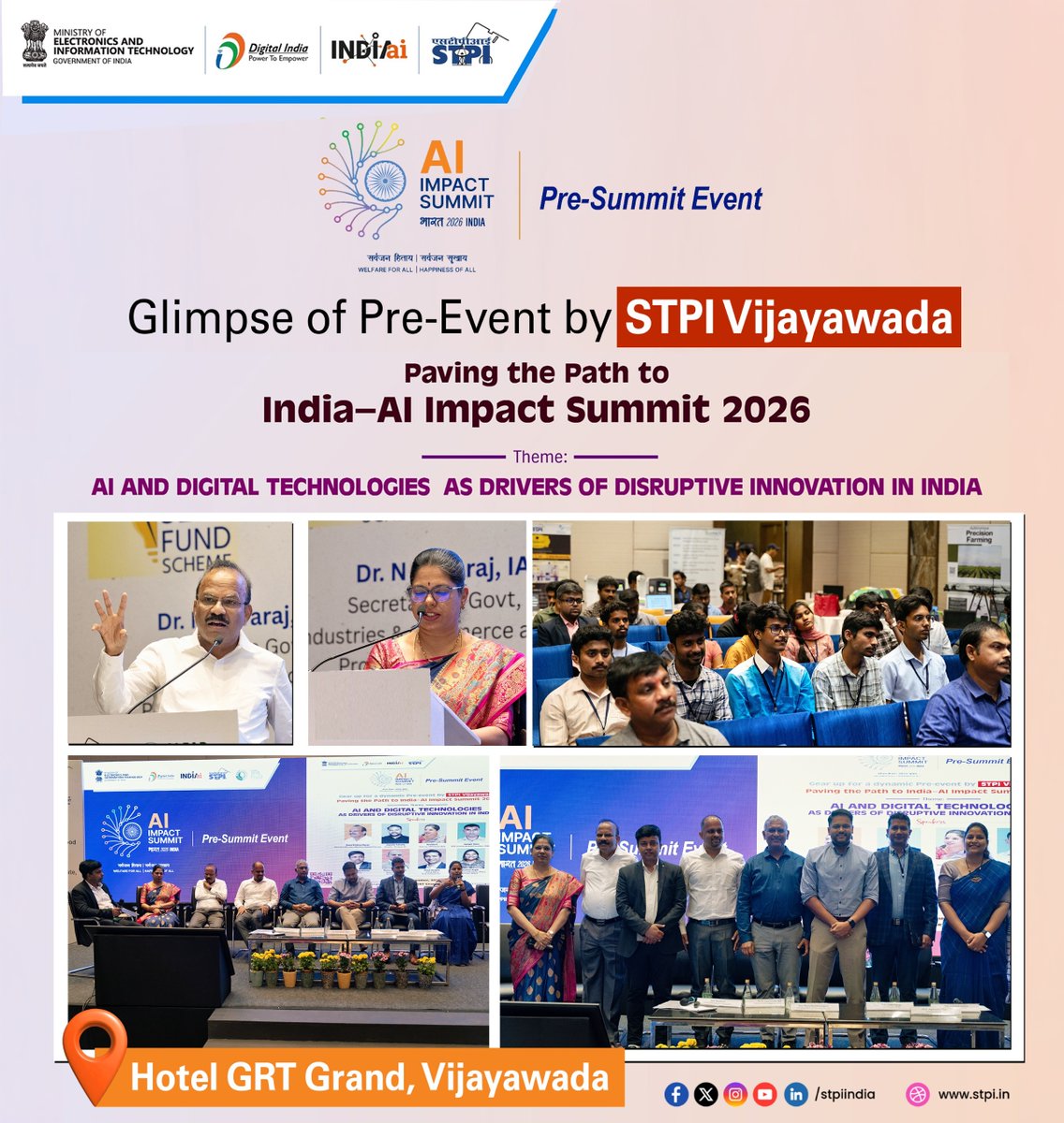 🌟 Highlights from the insightful Pre-Summit Event, ‘Paving the Path to India-AI Impact Summit 2026,’ hosted by STPI Vijayawada!

The sessions in the pre-summit event focused on AI and Digital Technologies as Drivers of Disruptive Innovation in India, featuring thought-provoking