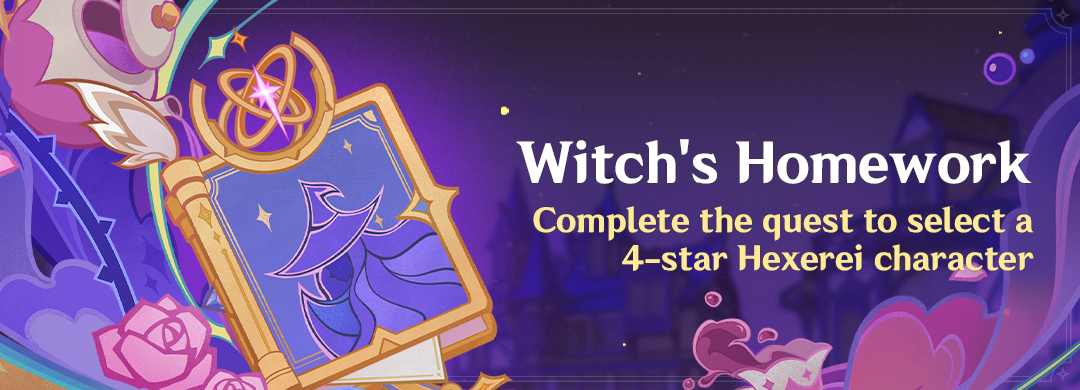 GenshinImpact's tweet image. Complete &quot;Witch&apos;s Homework&quot; quests to select a 4-star Hexerei character
#GenshinImpact 

Complete the &quot;Witch&apos;s Homework: Solution&quot; quest to obtain &quot;The Little Witch&apos;s Dictionary&quot; and choose one character from Fischl, Sucrose, or Razor to join your party.

See more details here:…