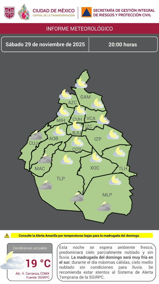 SGIRPC_CDMX's tweet image. Esta noche en la Ciudad de México, se espera ambiente #fresco con cielo parcialmente #nublado; sin #lluvia. 

#Temperatura actual: 19 °C.

El amanecer de mañana será muy #frío en el sur. Mantente informado. #PronósticoDelTiempo #LaPrevenciónEsNuestraFuerza