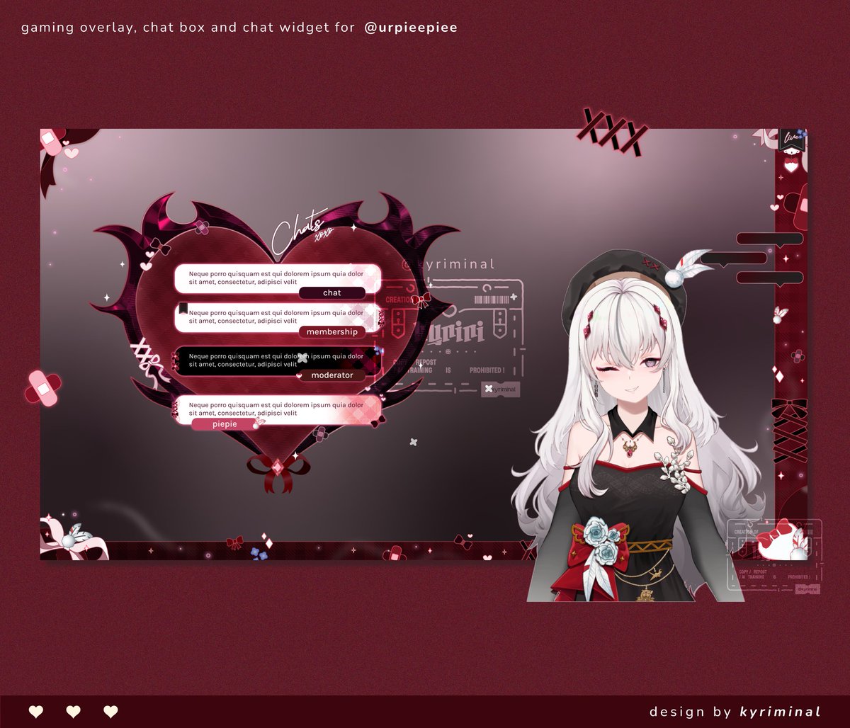 ₊⊹ → 「 overlay, chat widget &amp; chatbox design 」
 𝘧𝘰𝘳 <a href="/urpieepiee/">Vivi 🦅</a> 
♡ + ↻ 𝘷𝘦𝘳𝘺 𝘮𝘶𝘤𝘩 𝘢𝘱𝘱𝘳𝘦𝘤𝘪𝘢𝘵𝘦𝘥
#Vtuber #VTuberAssets #VTuberUprisings