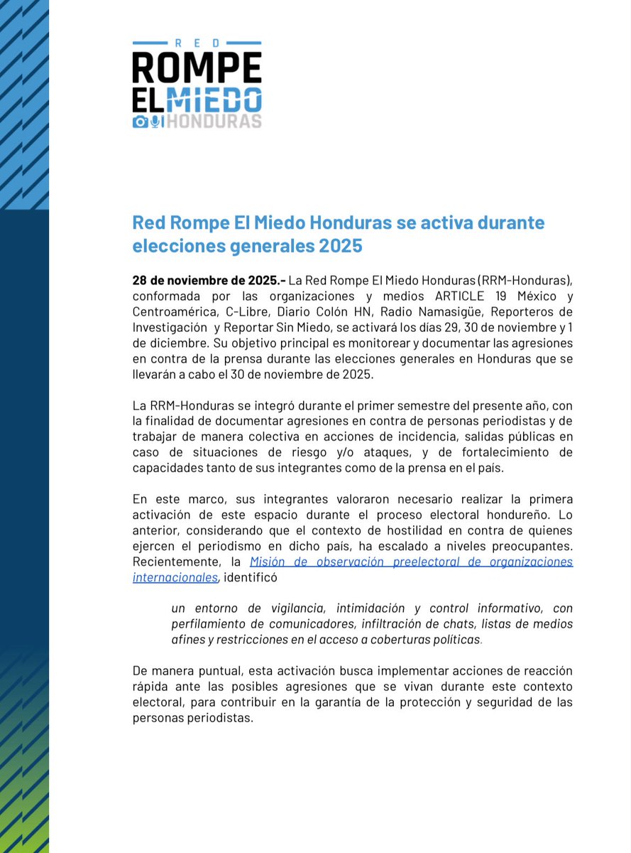 RRMHonduras's tweet image. 🇭🇳 La RRM #Honduras cierra su primer día de activación habiendo registrado 1 agresión contra la prensa.

Instamos a las autoridades nacionales, órganos electorales y partidos políticos promuevan una cobertura periodística amplia y respeten el derecho a la libertad de expresión.