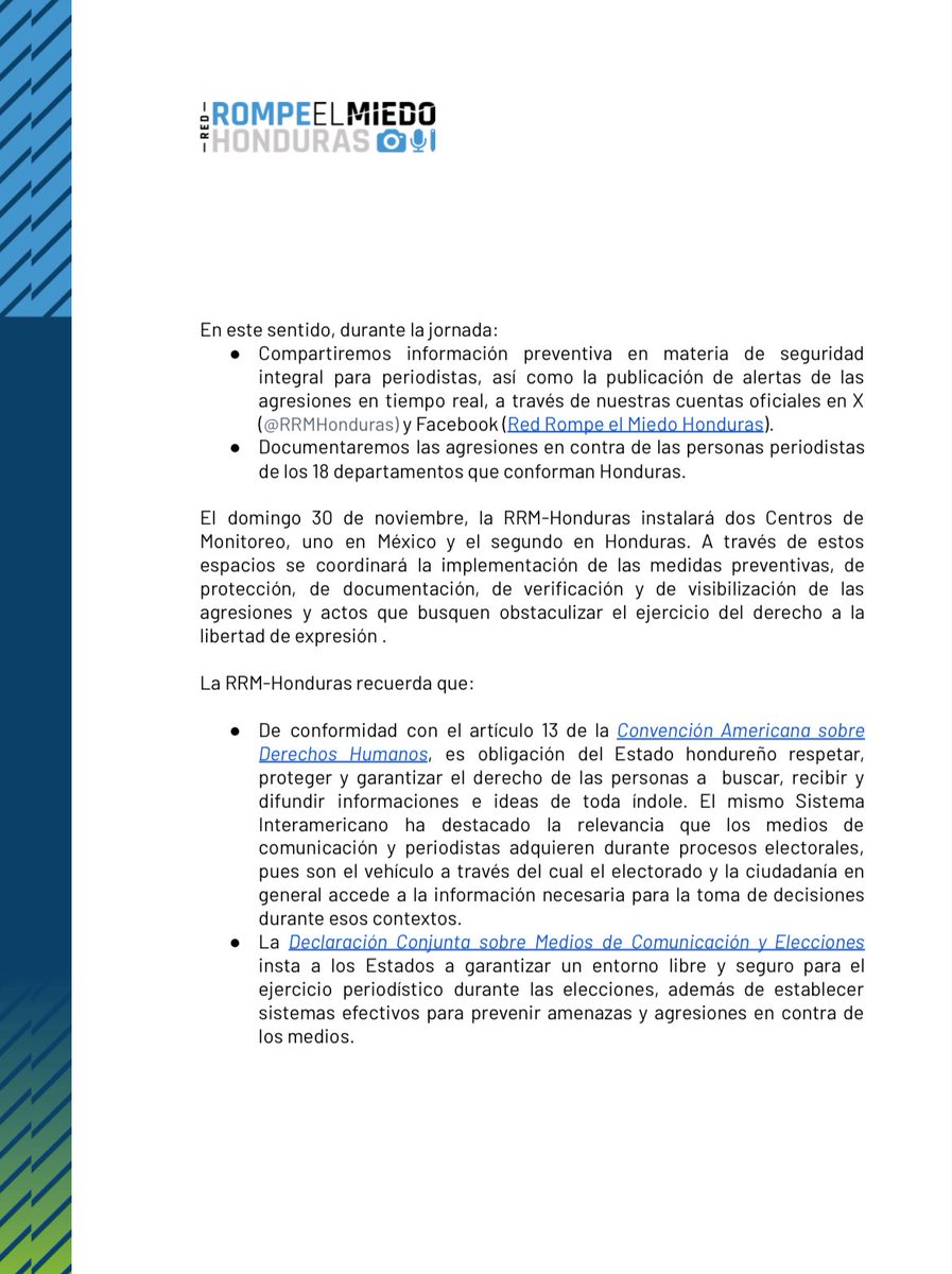 RRMHonduras's tweet image. 🇭🇳 La RRM #Honduras cierra su primer día de activación habiendo registrado 1 agresión contra la prensa.

Instamos a las autoridades nacionales, órganos electorales y partidos políticos promuevan una cobertura periodística amplia y respeten el derecho a la libertad de expresión.