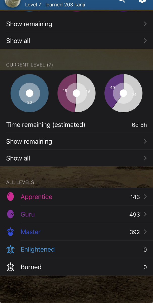 WaniKani update. Reached level 7, now know 1000+ words, and 200+ Kanji.