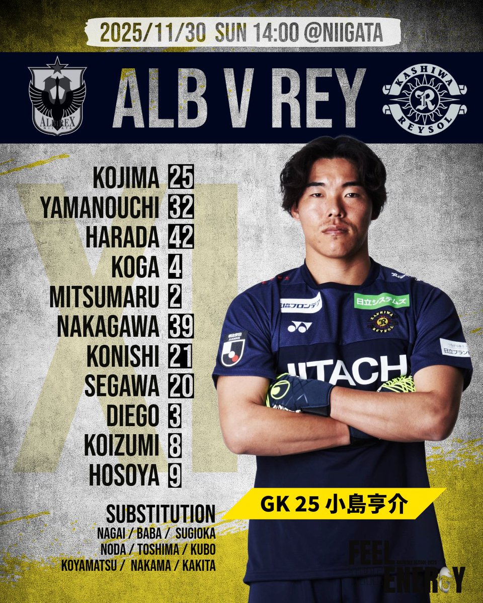 REYSOL_Official's tweet image. 明治安田J1リーグ
第37節
新潟 vs 柏

スタメン
GK 小島亨介
DF 山之内佑成、原田亘、古賀太陽、三丸拡
MF 中川敦瑛、小西雄大、瀬川祐輔、ジエゴ
FW 小泉佳穂、細谷真大

サブ
GK 永井堅梧
DF 馬場晴也、杉岡大暉、野田裕喜
MF 戸嶋祥郎、久保藤次郎、小屋松知哉、仲間隼斗
FW 垣田裕暉

#柏レイソル…
