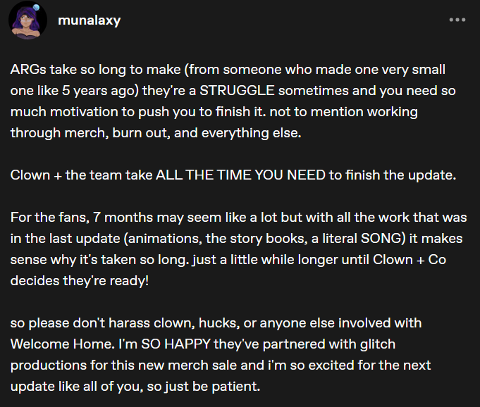 munalaxy's tweet photo. not typing all of this out again. Clown + the team, take all the time you need. https://t.co/zvlBt8hbD7