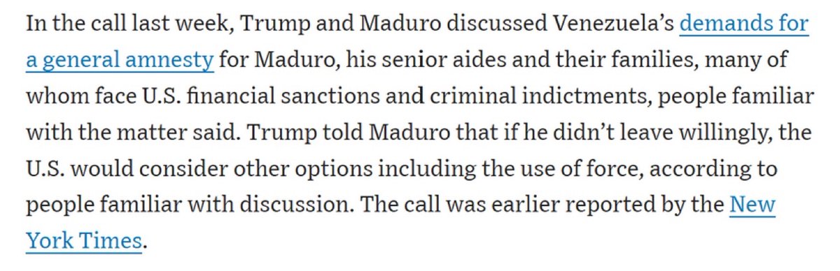 AlertaNewsPlus's tweet image. 🇻🇪🇺🇸 | WSJ reporta que durante la llamada de la semana pasada, Trump y Maduro abordaron el pedido de una amnistía general para él, sus asesores y sus familias.

Trump le dijo a Maduro que si no se retiraba voluntariamente, Estados Unidos consideraría otras opciones, incluido el…