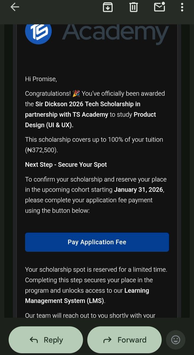 webmatics_ox's tweet image. I got this email from TS Academy confirming my scholarship offer to study UI/UX from the @Wizarab10  scholarship program, should I be happy? #SirDickson  #TSacademy  #UXUI