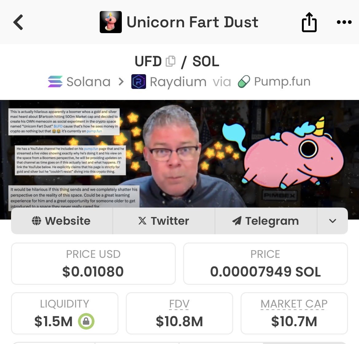 Aped a bag of $ufd

✅ Based dev

✅ Pretty chart

✅ Unique narrative

eL5fUxj2J4CiQsmW85k5FG9DvuQjjUoBHoQBi2Kpump

X: <a href="/BasementRon/">RonsBasement 🦄💨✨</a> 
Web: unicornfartdust.com
TG: t.me/UFD_Announceme…