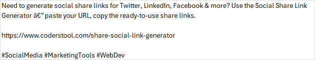 CodersTool's tweet image. Need to generate social share links for Twitter, LinkedIn, Facebook &amp;amp; more? Use the Social Share Link Generator
 -&amp;gt;  paste your URL, copy the ready-to-use share links.

coderstool.com/share-social-l…

#SocialMedia #MarketingTools #WebDev
