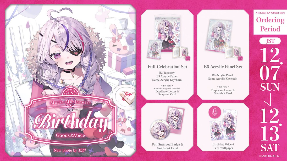 【🎂Maria Marionette Birthday Goods &amp; Voice 2025】

❤️‍🩹🐰Celebrate <a href="/MariaMari0nette/">Maria Marionette ❤️‍🩹🐰 NIJISANJI EN</a>'s birthday with Birthday Goods &amp; Voice on the #NIJISANJI_EN Official Store!

⏰Sales start
December 6 (Sat) 19:00 PST

🔻Store
nijisanji-store.com/collections/ma…