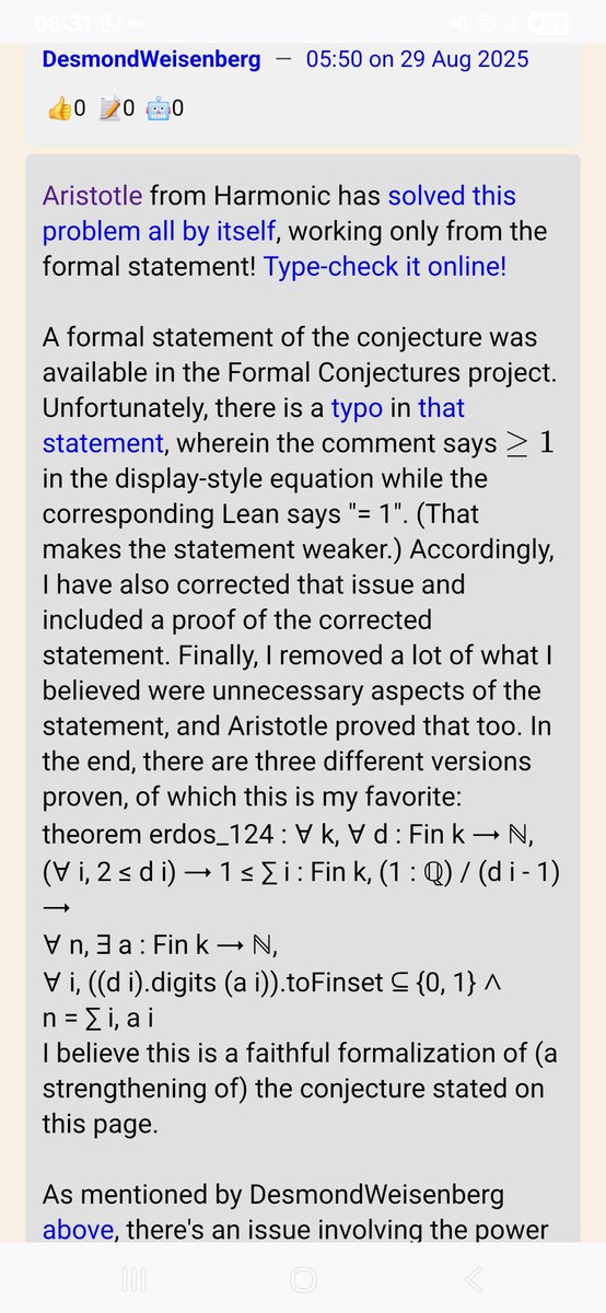 nileshtrivedi's tweet image. It took 6 hour of LLM + 1 minute of Lean to solve Erdos problem #124.

👏