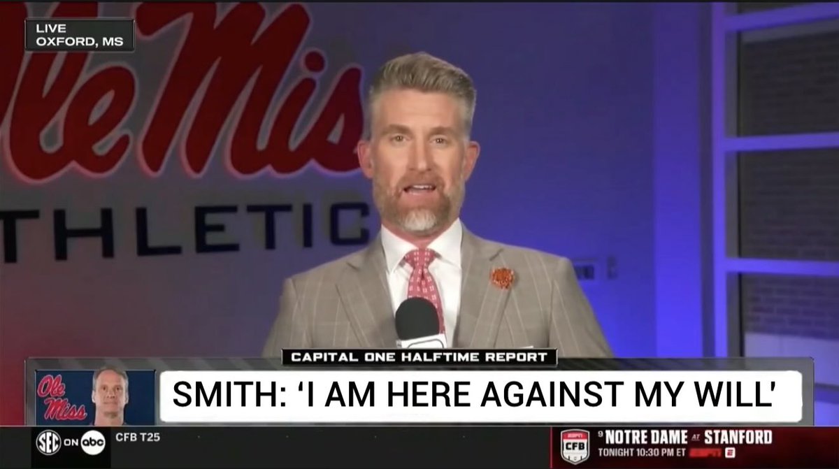 “I have no idea what Lane Kiffin will decide, but ESPN has locked the door from the outside. My phone has no service. I have not heard from my family in hours. I have eaten nothing but saltines and tap water since noon. Once again, this is Marty Smith in Oxford. Send help.”