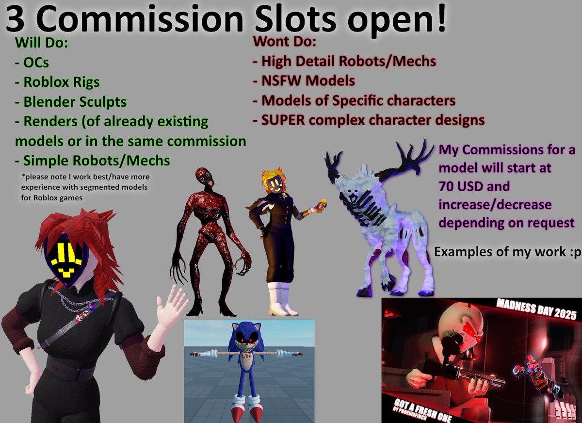 PhoenixFinch_'s tweet image. ough hey btw I&apos;m opening up my commissions for 3 slots!

If ur interested in a model being made for ur Roblox game, a raw sculpt or even just a render of a model feel free to hit me up in my DMs!

#RobloxDev #RobloxDevs