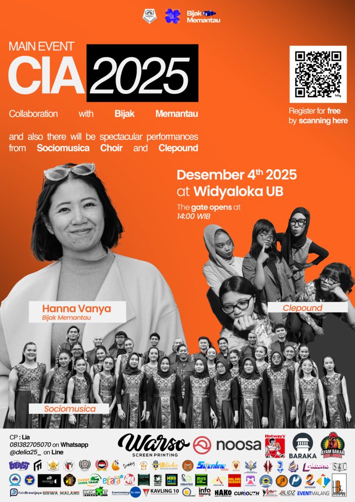 eventmalang's tweet photo. MAIN EVENT CIA 2025 ✨
Perayaan kreativitas dan insight komunikasi hadir bersama Hanna Vanya dari Bijak Memantau, plus penampilan Sociomusica Choir &amp; Clepound.

Benefit:
• Sticker
• Bookmark
• Certificate
• Doorprize

CP: delia25_ (LINE)

#CIA2025 #CommunicationInAction https://t.co/rMn2wXOLbX