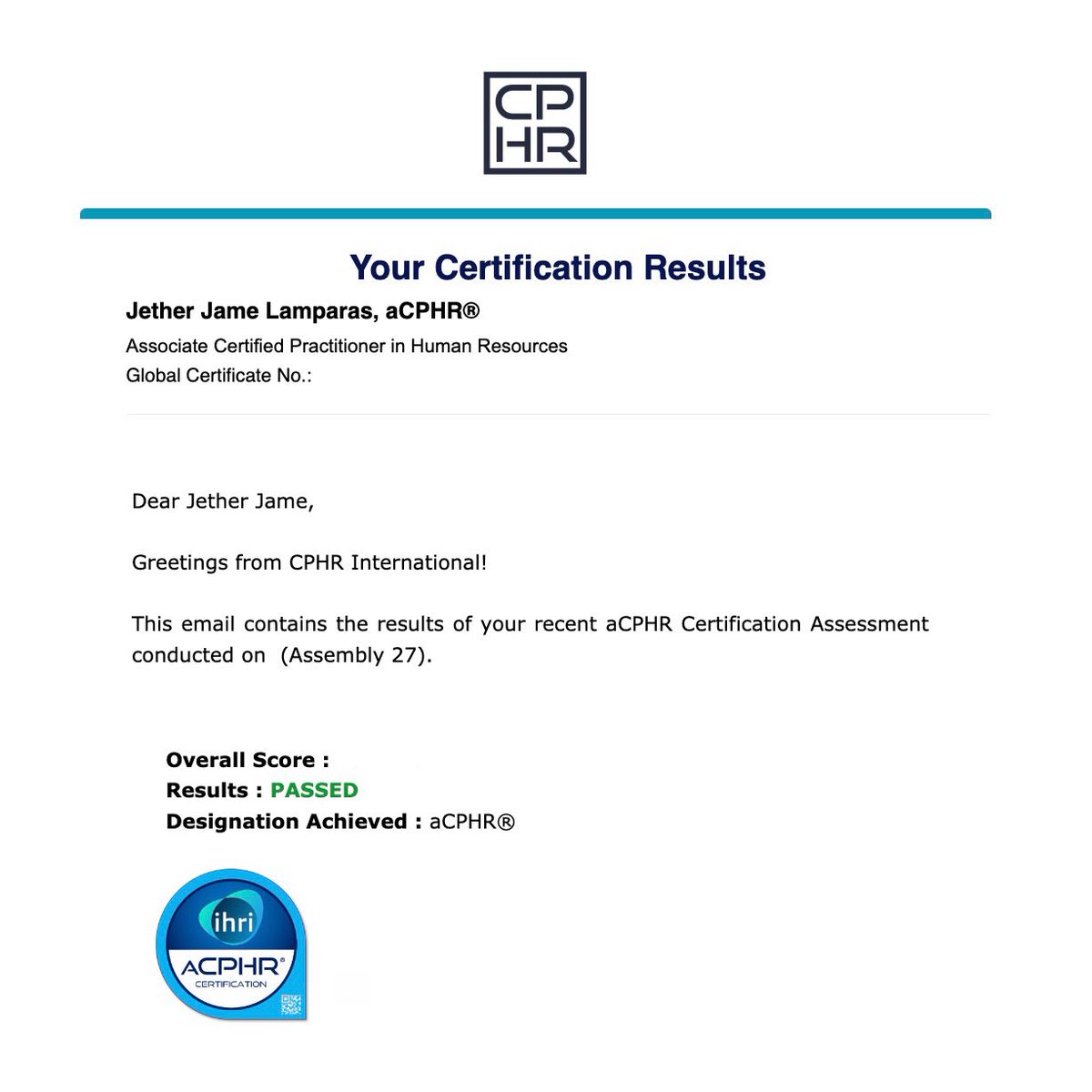 jetherjame's tweet photo. Jether Jame Japson Lamparas, CHRA, aCPHR

A Certified International Human Resource Practitioner. 

Ending the year with another great blessing. Congratulations self, for always believing during the days you couldn’t and for trying even when you’re scared.

Ad Majorem Dei Gloriam! https://t.co/pmLpI2JtiU
