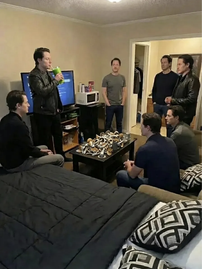 bryan_johnson's tweet image. gathered the bryans to find out which one is responsible for committing to doing mushrooms on a livestream