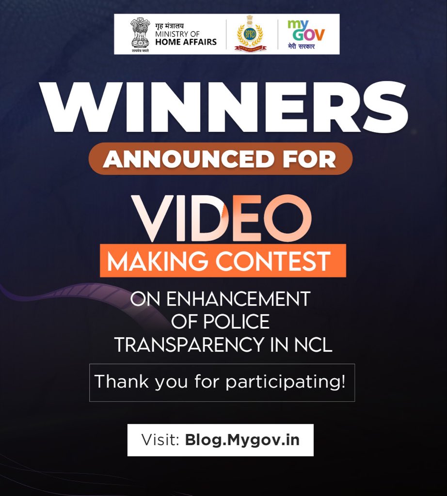 mygovindia's tweet image. Celebrating The Transparency Through Creativity!

Congratulations to all the talented winners of the Video Making Contest on Enhancement of Police Transparency in NCL on #MyGov. Your powerful and insightful videos highlight how technology-driven, transparent, and citizen-focused…