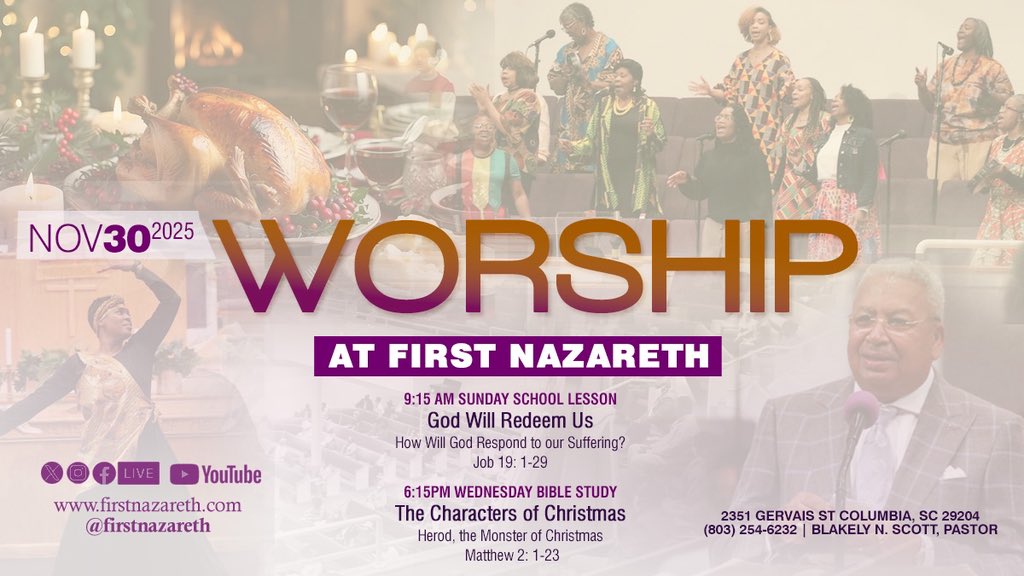 firstnazareth's tweet image. Join us for Worship this Sunday! 

9:15 am Sunday School Lesson
God Will Redeem Us: How Will God Respond to our Suffering?
Job 19: 1-29

6:15 pm Wednesday Bible Study
The Characters of Christmas
Herod, the Monster of Christmas
Matthew 2: 1-23