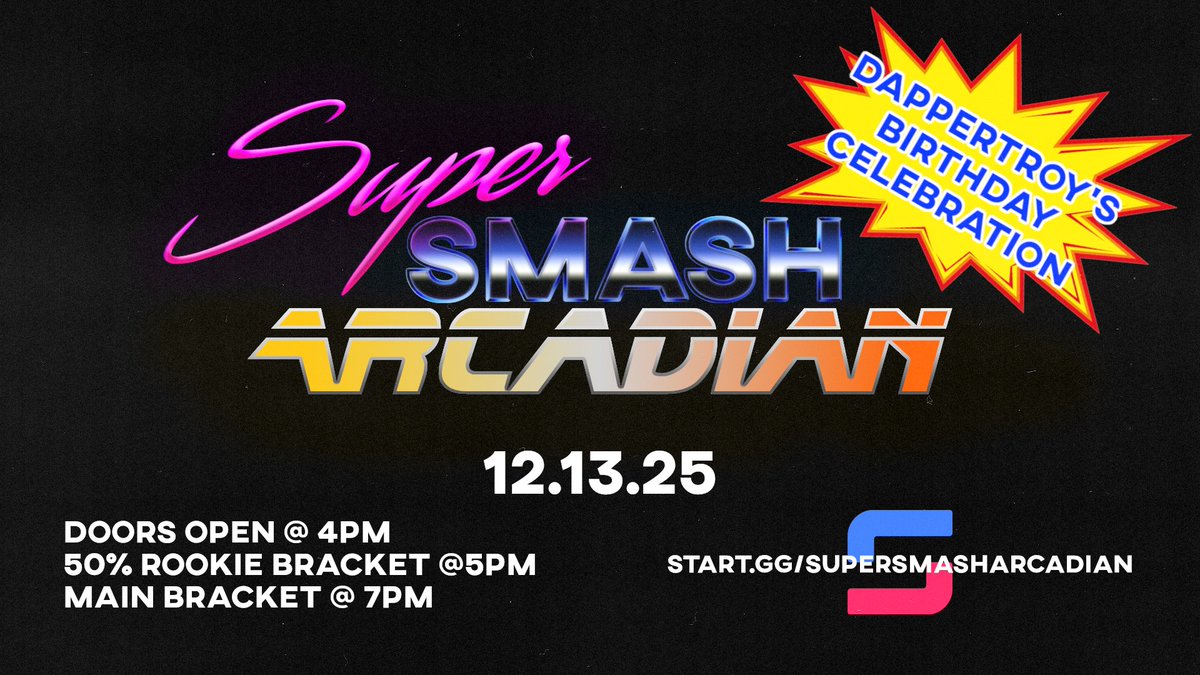 TtvPOWgaming's tweet image. Sign-ups are now LIVE for the Arcadian!

🚪 4PM OPEN
🪧 5PM Sign-ups END
👶 5PM 50% Rookie Bracket
🎮 7PM Main Arcadian Bracket
🐐 FREE Rez Bracket
🍕 FREE Pizza for all entered!

Sign-up TODAY!
start.gg/SuperSmashArca…!
